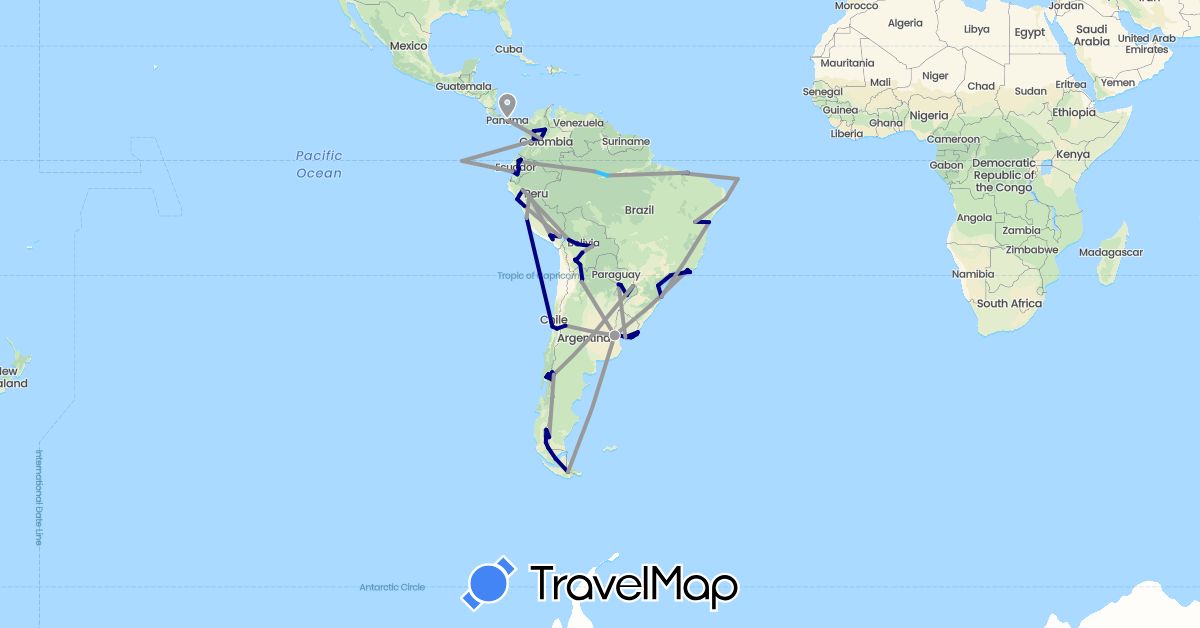 TravelMap itinerary: driving, plane, boat in Argentina, Bolivia, Brazil, Chile, Colombia, Ecuador, Panama, Peru, Paraguay, Uruguay (North America, South America)